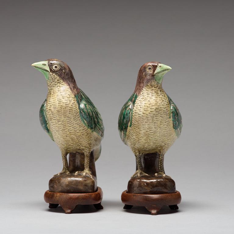 A pair of famille verte figures of quails, Qing dynasty, 19th Century.