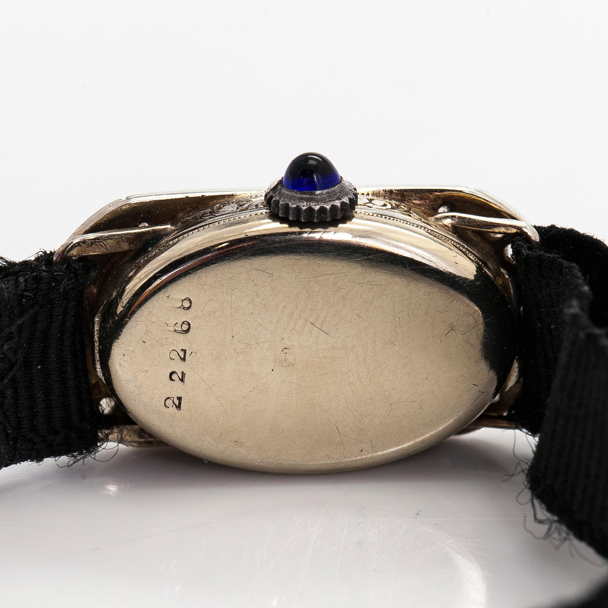 Wristwatch, 25 x 13 mm, Art Deco, rose cut diamonds, faceted sapphires, 18K white gold.
