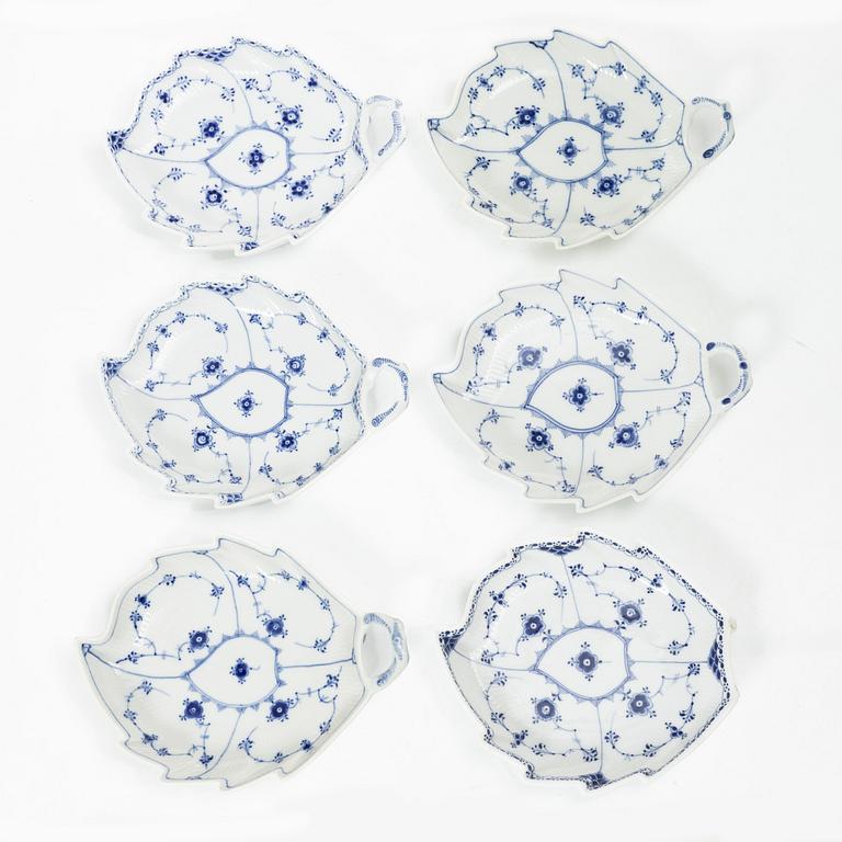 Royal Copenhagen, Six Leaf-shaped 'Musselmalet' dishes, Denmark, 20th century.