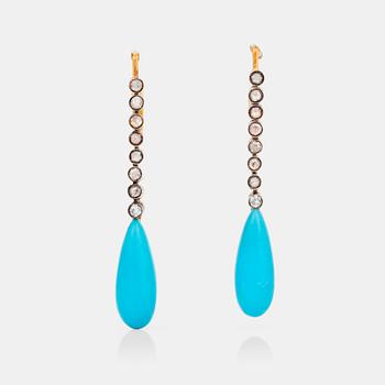 628. A pair of rose-cut diamond and turquoise earrings.