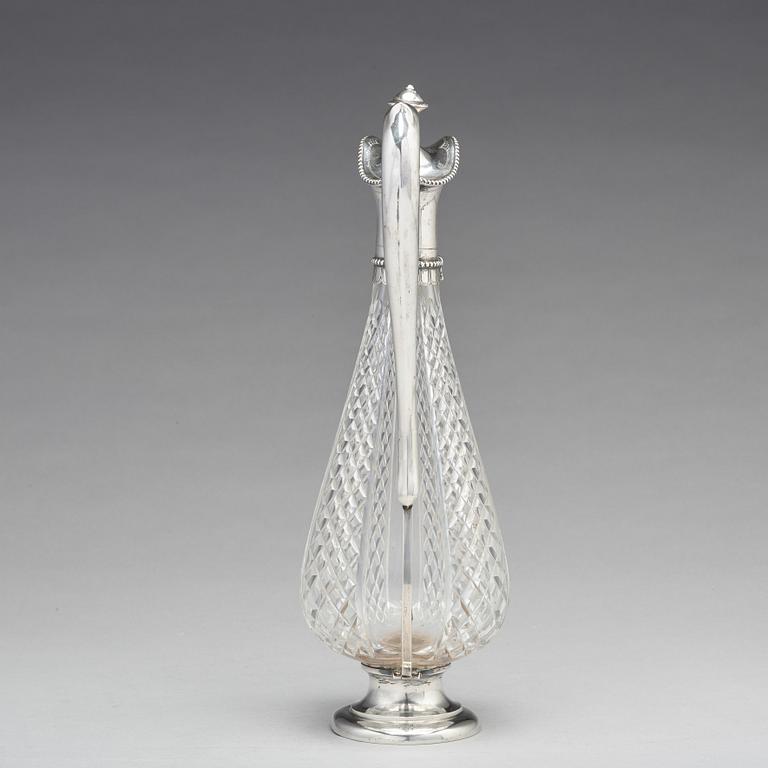 A Swedish 19th century parcel-gilt silver and glass wine-jug, mark of Lars Larsson & Co, Stockholm 1872.