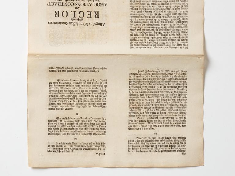 Aktiebrev, Ahlingsåhs Manufaktur Werk (Manufactur-Societet), No 175, 1728.