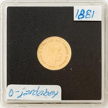 Guldmynt, Oscar II, 5 kronor, typ I, Sverige 1881.