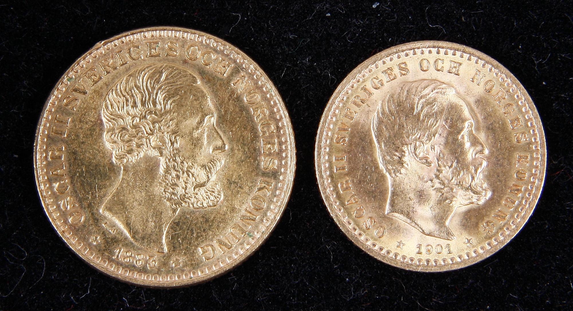 GULDMYNT, 10 Kr resp 5 Kr, 1883 resp 1901. Vikt 7 gram.