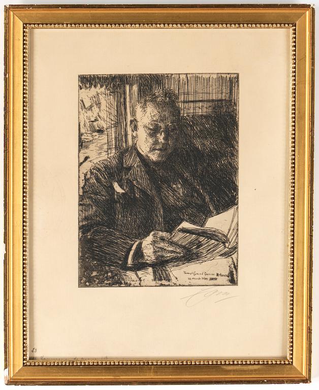 ANDERS ZORN, etsning, "Reskamraten" (Mr. Charles Deering), utförd 1904, signerad med blyerts.