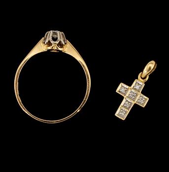 RING, 18k guld med briljantslipad diamant, 0.11 ct, Ceson, Göteborg samt HÄNGE, 18k guld med 6 åttkantslipade diamanter.