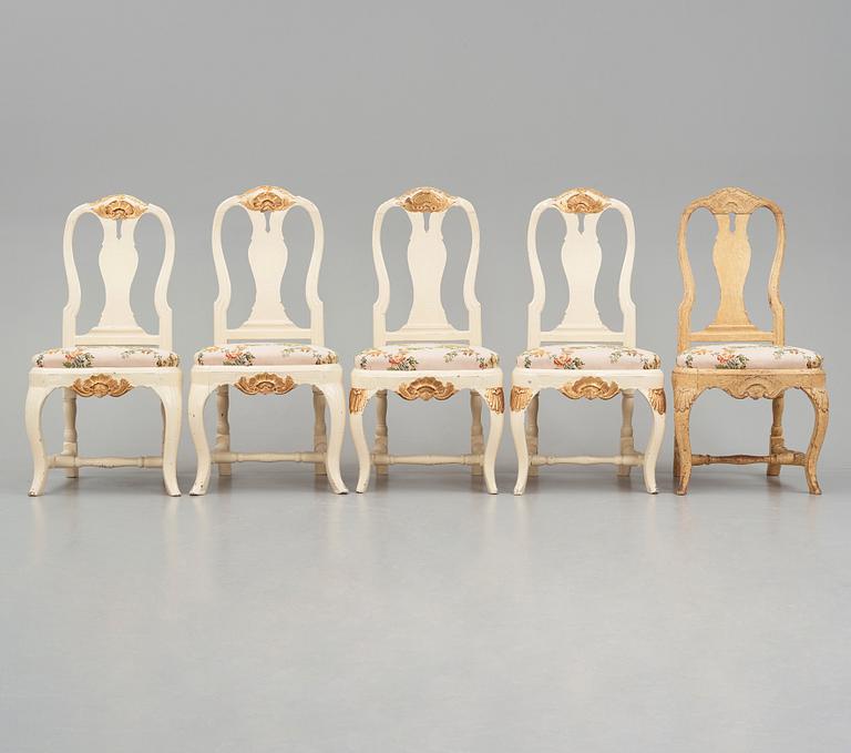 A set of five (3+2) rococo chairs attributed to J. E. Höglander (master in Stockholm 1777-1813).