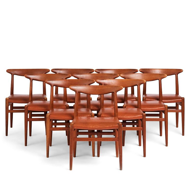 Hans J. Wegner, a set of 10 teak "W2" chairs, C M Madsen, Denmark, 1950's.