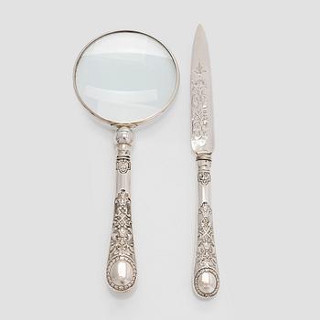 Förstoringsglas och brevkniv, silver, Martin, Hall & Co London 1875. I ask.