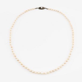 Pearl necklace, with graduated cultured pearls, silver clasp.