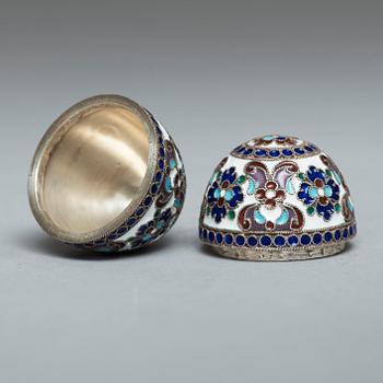 A Russian late 19th/early 20th century silver-gilt and enamel egg.