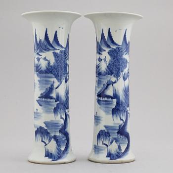 A pair of blue and white trumpet shaped vases, China, 20th Century.