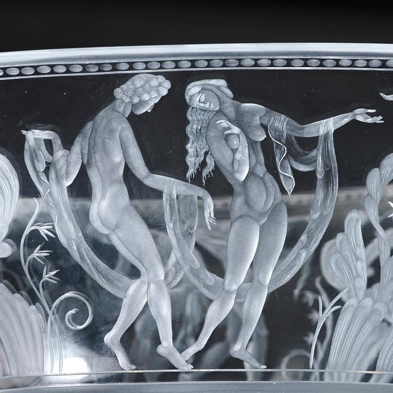 Simon Gate, an engraved glass bowl and stand, Orrefors, Sweden  1924, model 147.