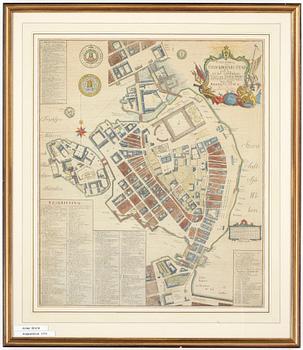 KARTA, kolorerad etsning, "Grundritning öfver Stockholms stad...", Jonas Brolin, utgiven 1771.