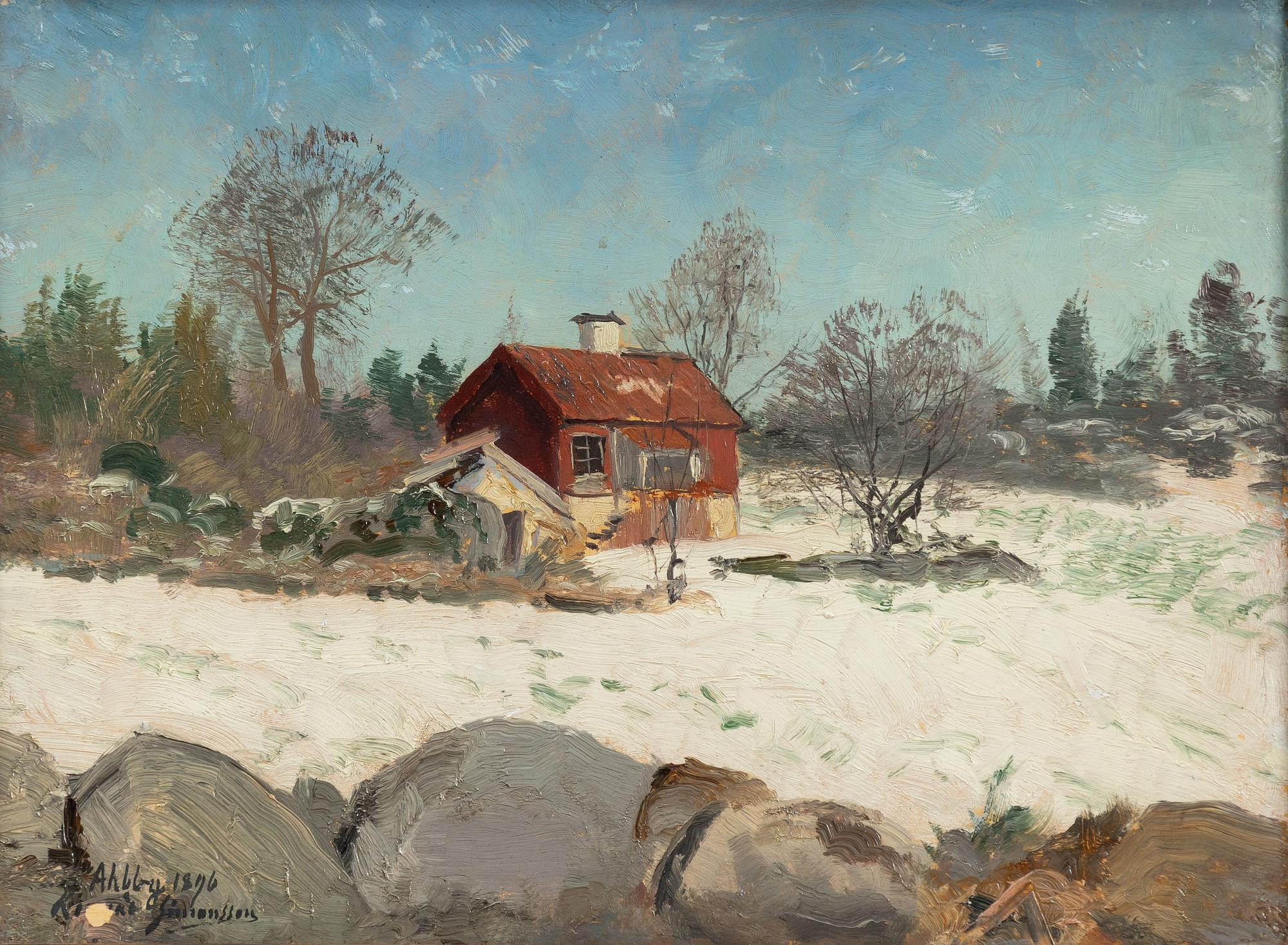 Konrad Simonsson, Winter Landscape with Red Cottage.