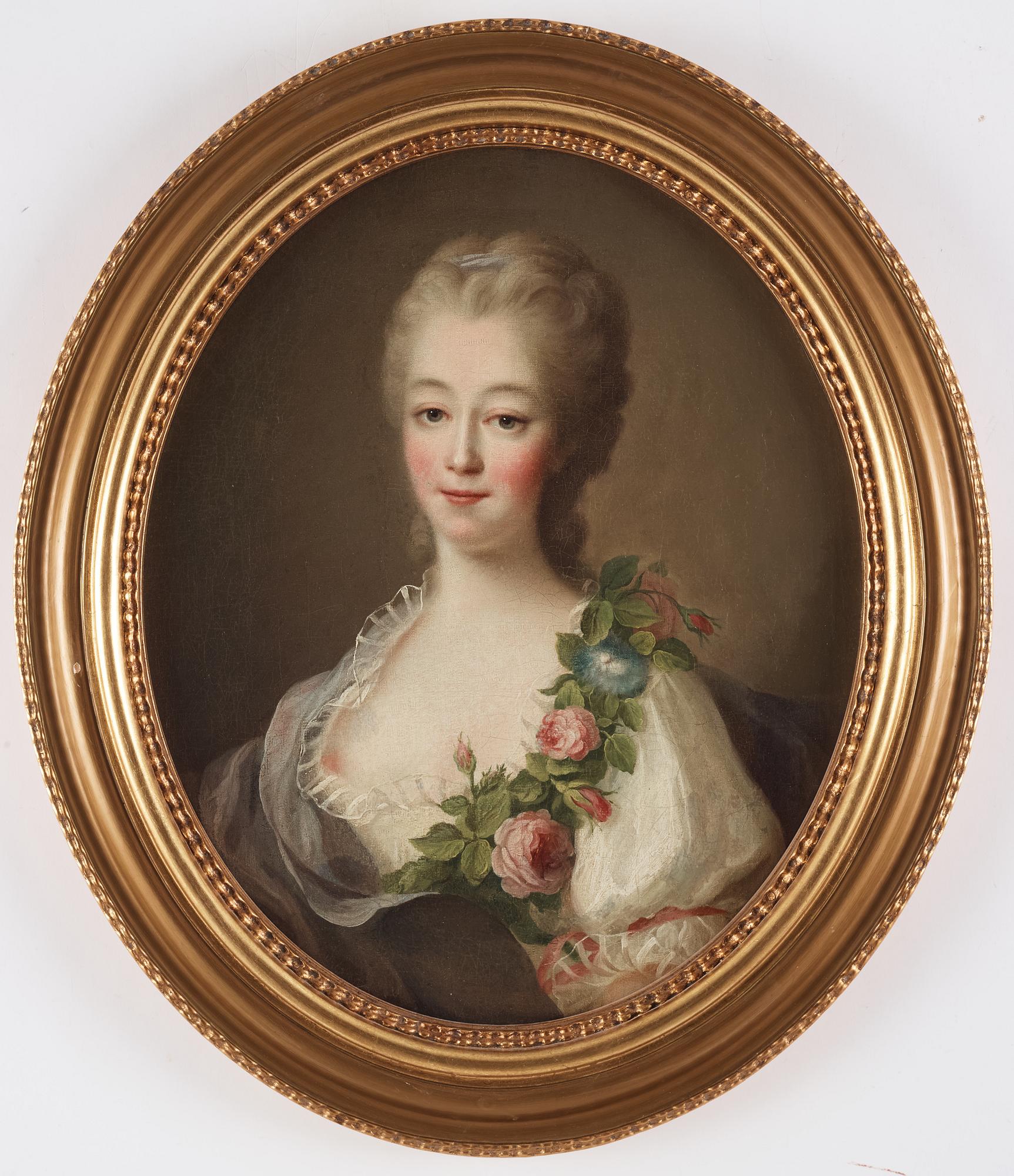 François-Hubert Drouais, hans krets, Ung kvinna med blomstergirland, möjligen  comtesse du Barry (1743-93).