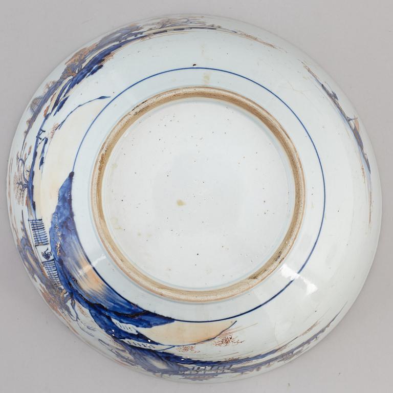 A large blue and white fish bowl/punch bowl, Qing dynasty, 18th Century.