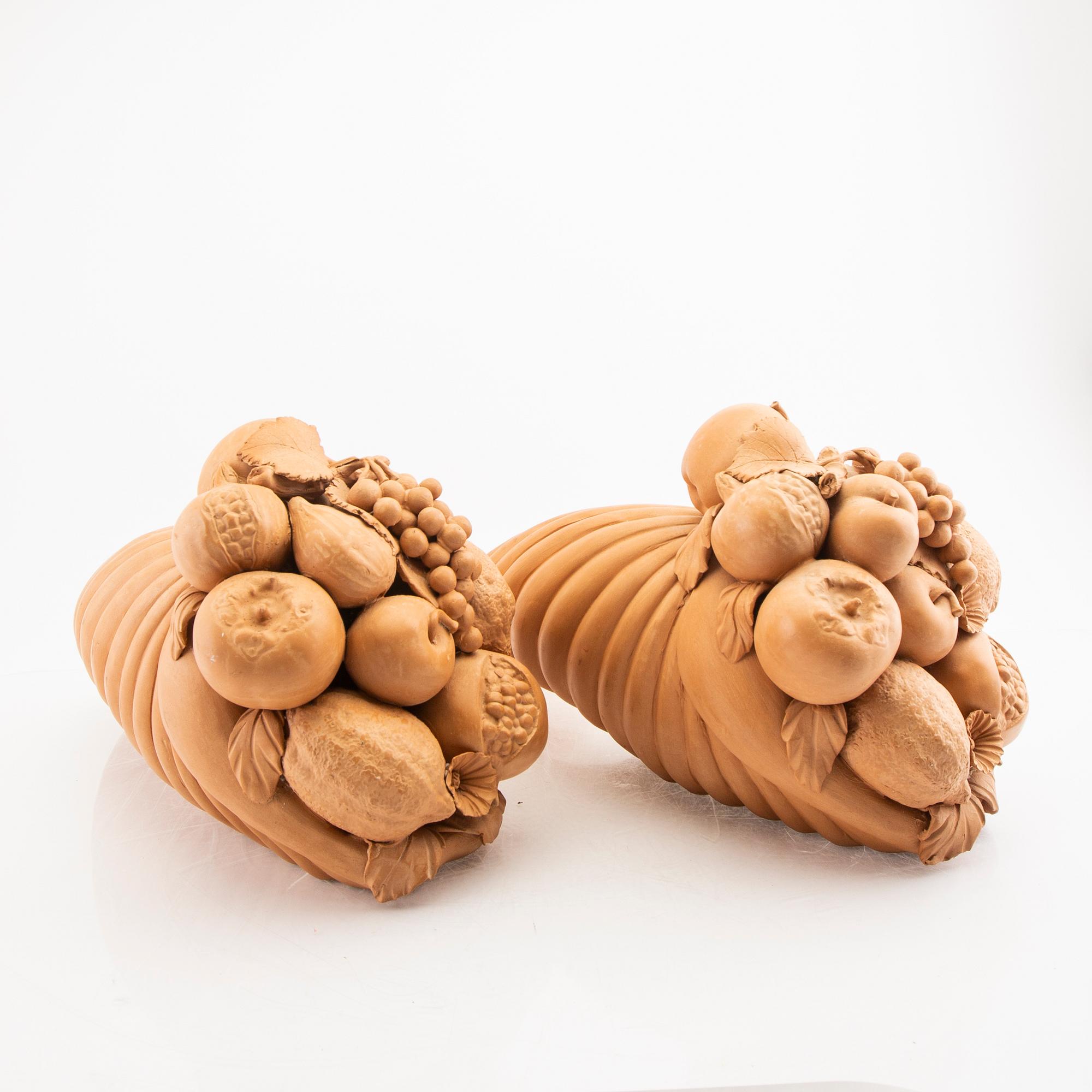 Two terracotta cornucopia by possible Alberto Poletti, Impruneta, Florence, Italy.