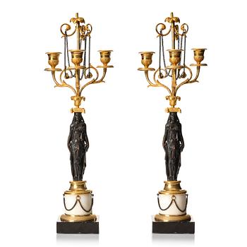 113. A pair of late Gustavian circa 1800 three-light candelabra, attributed to F L Rung.