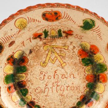 An Swedish ceramic plate, dated 1755.