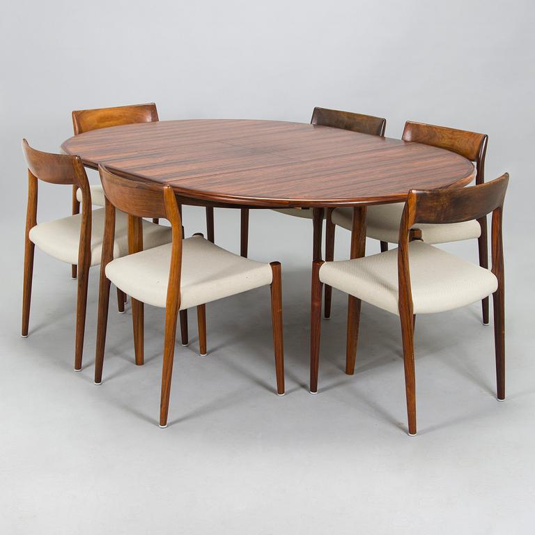 Niels Otto Møller, A 1950s dining table and six '77' chairs for J.L. Møllers Møbelfabrik Denmark.