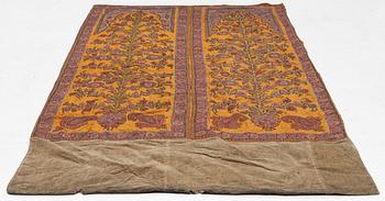 Embroidery, a pair, semi-antique Pateh Kirman, approx. 122 x 190 cm in total.