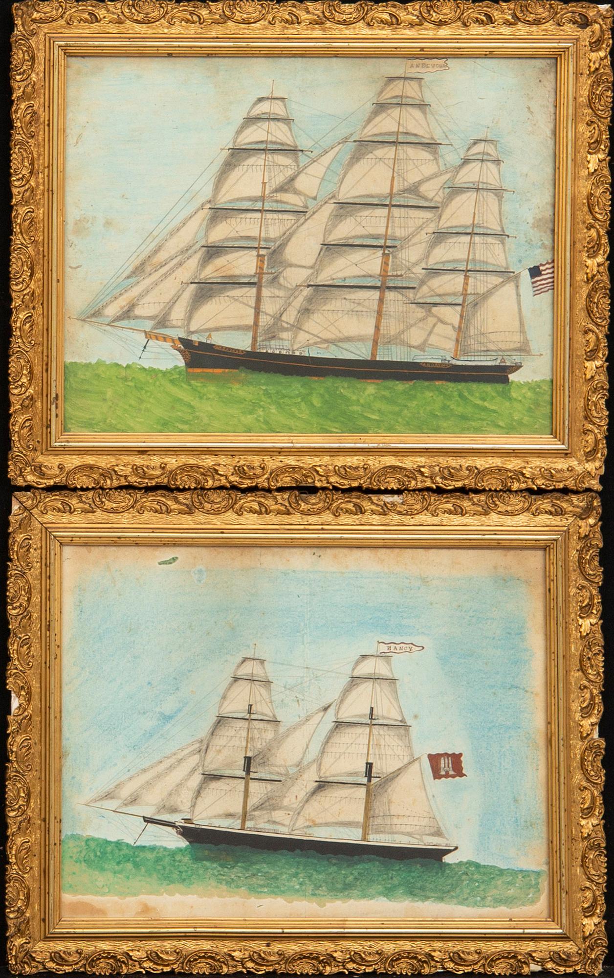 Two portraits of sailing ships, mixed media, 19th century.