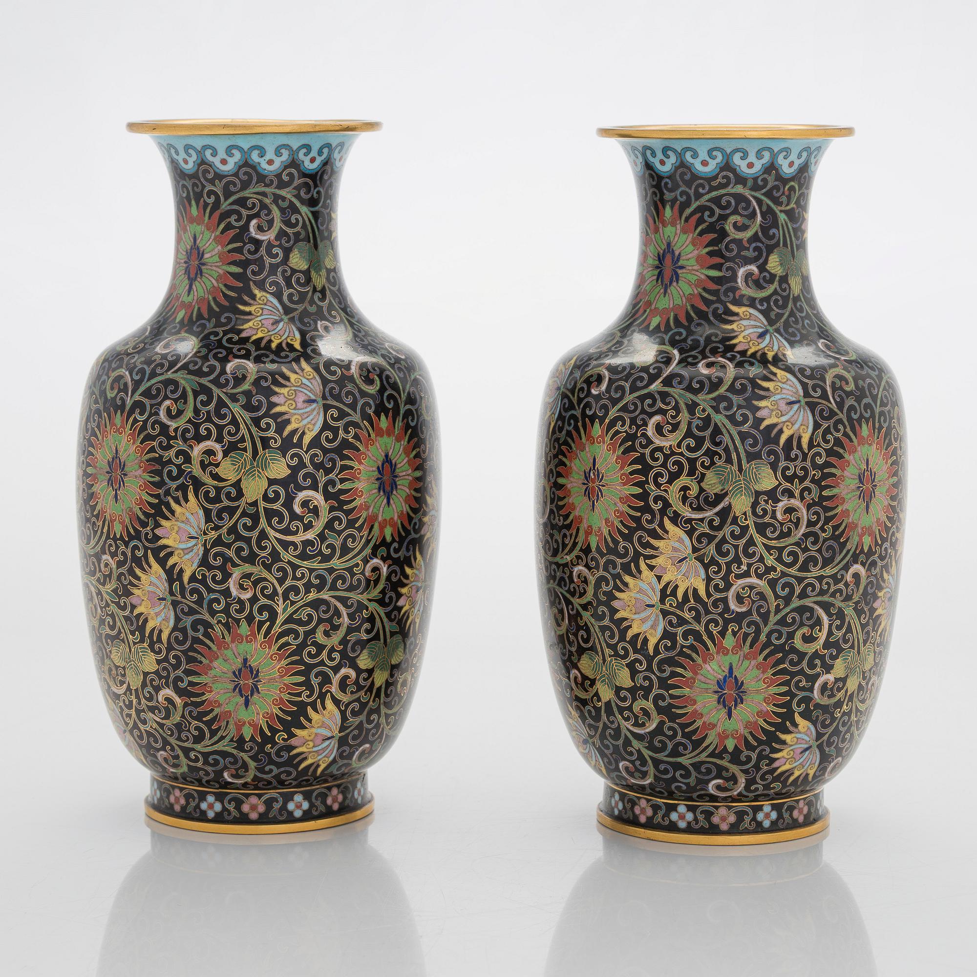 A pair of cloisonné enameled vases, China, 20th century.