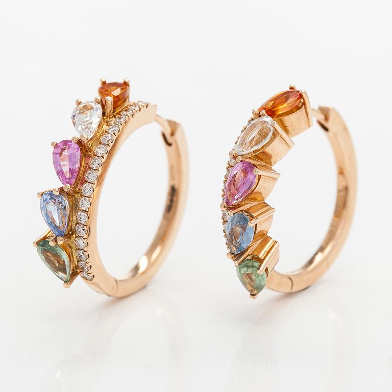 A pair of multicolour sapphire and brilliant cut diamond earrings in 14K gold.