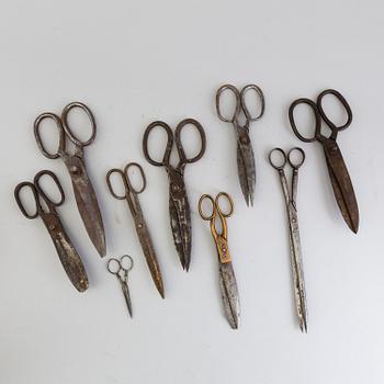 9 pair of iron and metal scissors from the 19th century.