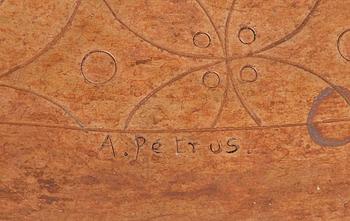 Anna Petrus, a table, Sweden early 1920's. By the artist, sculptured oak with an engraved copper tray.