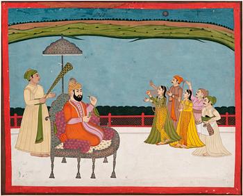 757. A miniature painting depicting a ruler entertained on a terrace, north India, circa 1770.