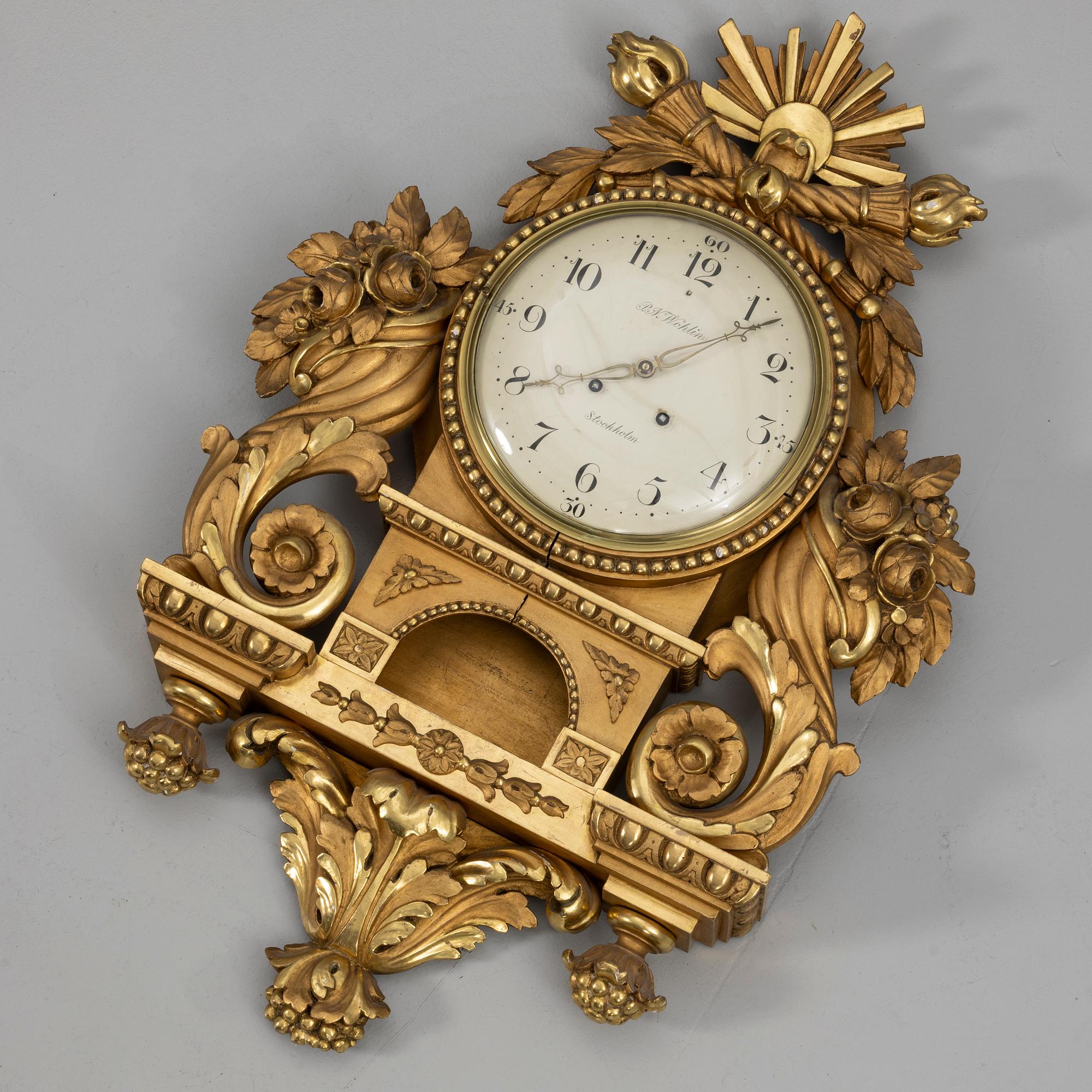 Wall clock, Gustavian style, P.N. Wohlin, Stockholm, 20th century.