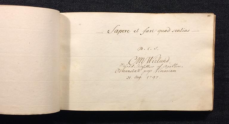 STAMBOK, för Lars Peter Wåhlin (1772-1834), förd från 1797, bidrag av Schiller, Herder, Fichte, Anna Maria Lenngren mfl.