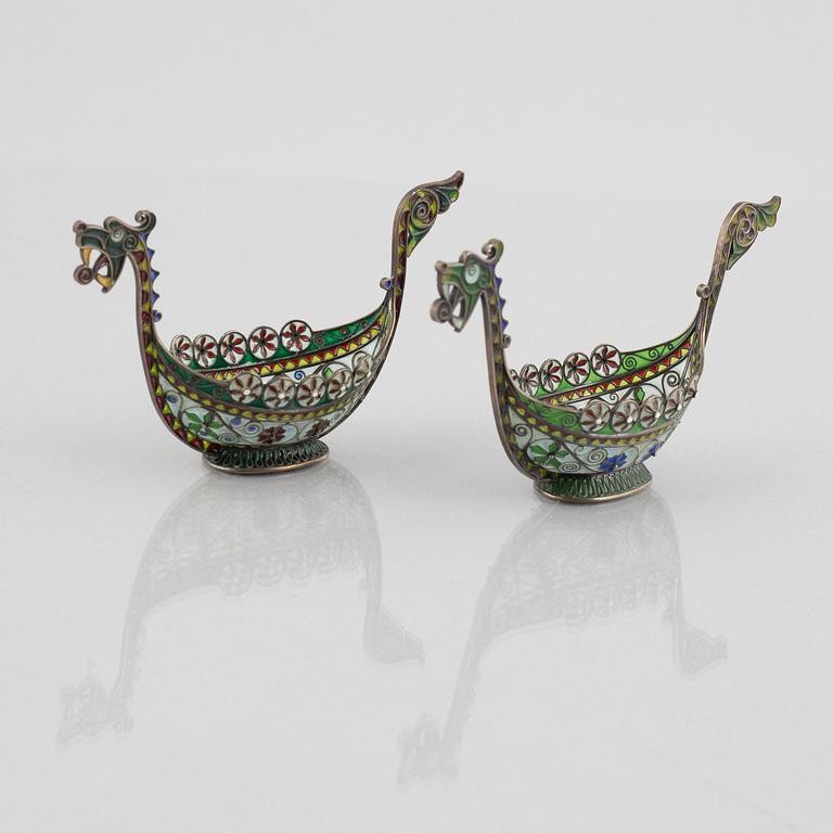 Marius Hammer, a pair of silver and enamel salt cellars, Bergen, Norway, early 20th Century.