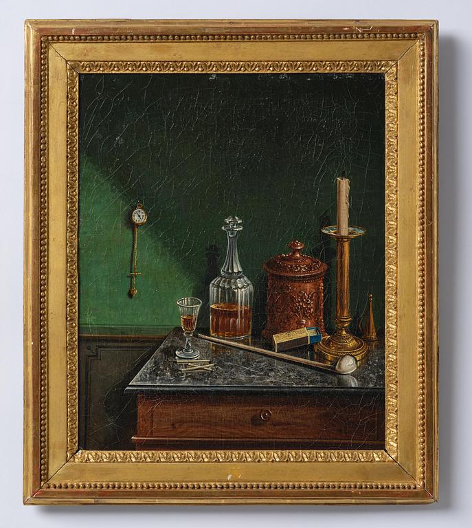 Unknown artist, possibly Scandinavia, mid-19th century, Still Life with chalk pipe, decanter, matches, and tobacco tin.