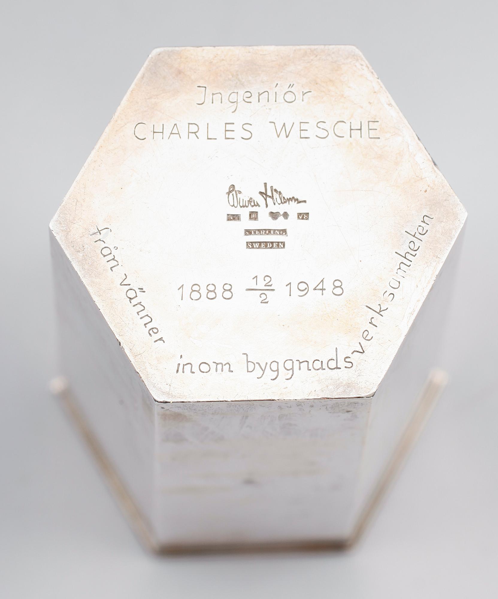 A Wiwen Nilsson sterling hexagonal vase, Lund 1947.