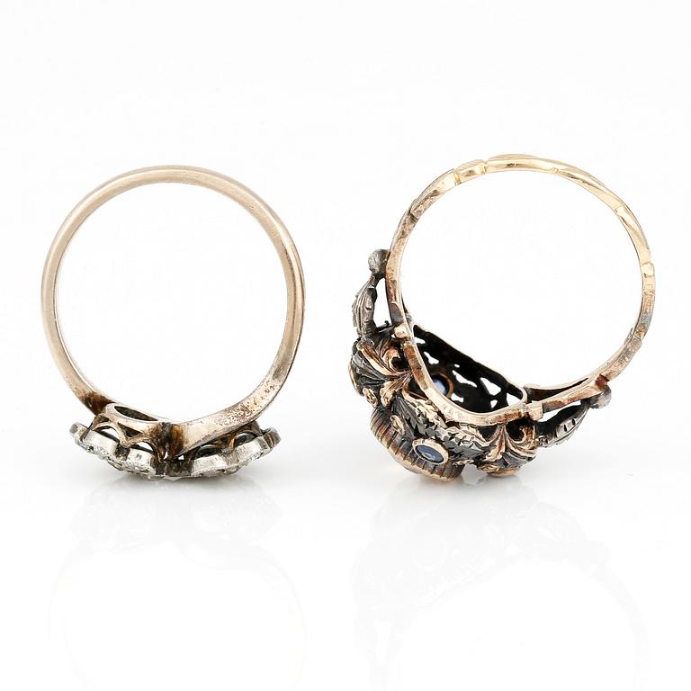 RINGAR, 2 st, med zirkon, safirer och diamanter, olika guldhalter, omkring 1900.