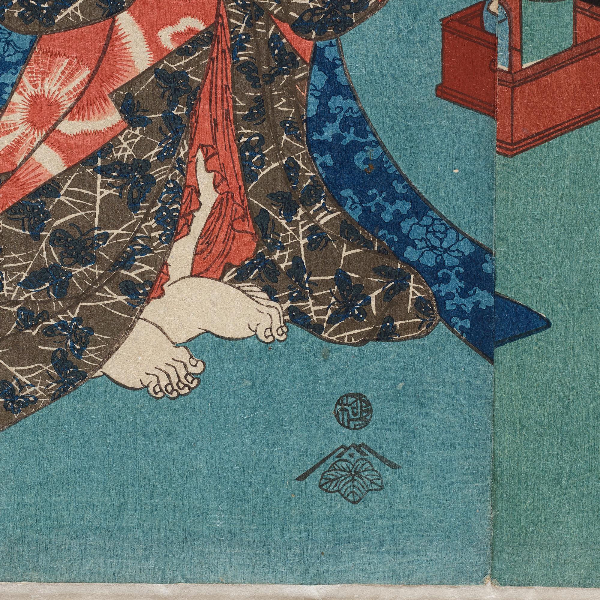 UTAGAWA KUNISADA, även kallad Toyokuni III (1786-1864), triptyk, färgträsnitt. Japan, Eight Views of Edo Figures".