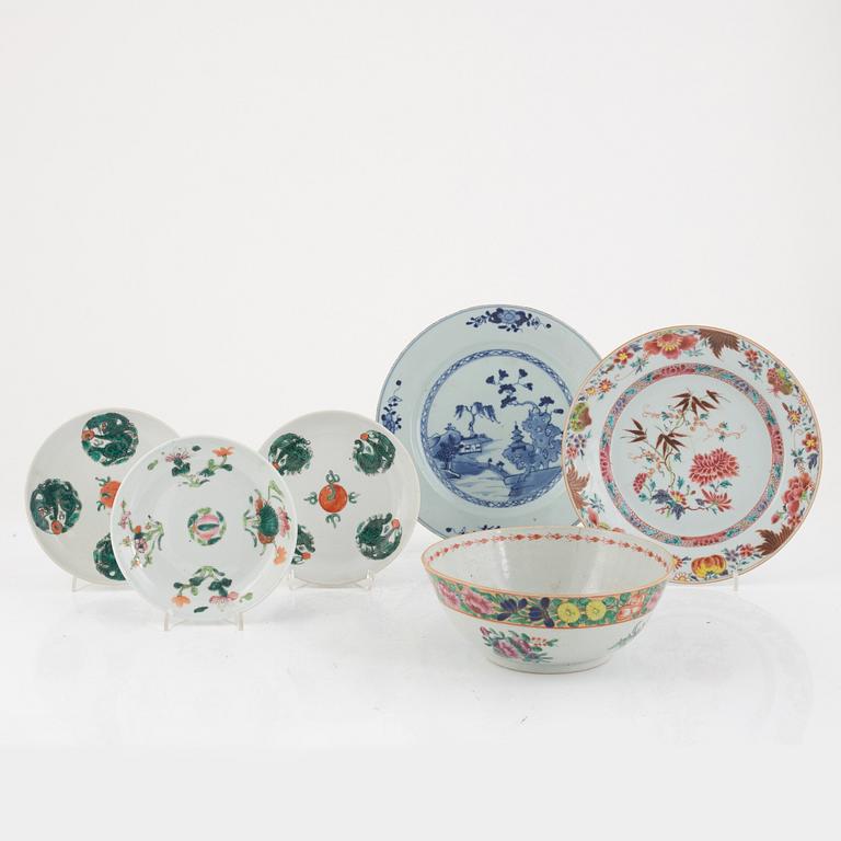 A Chinese bowl, two plates and three dishes, 18th century and later.