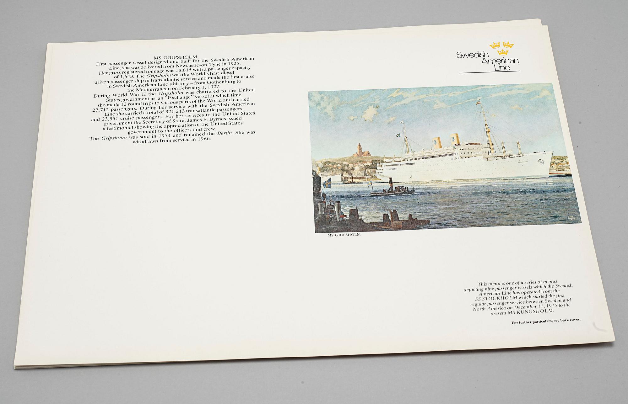 Memorabilia from the Swedish American Line, meny folders and postcards, 20th century.