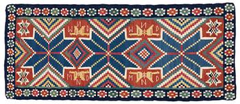 420. A flat weave carriage cushion, c. 116 x 48 cm, Färs district, Southwest Scania, Sweden, first part of the 19th century.