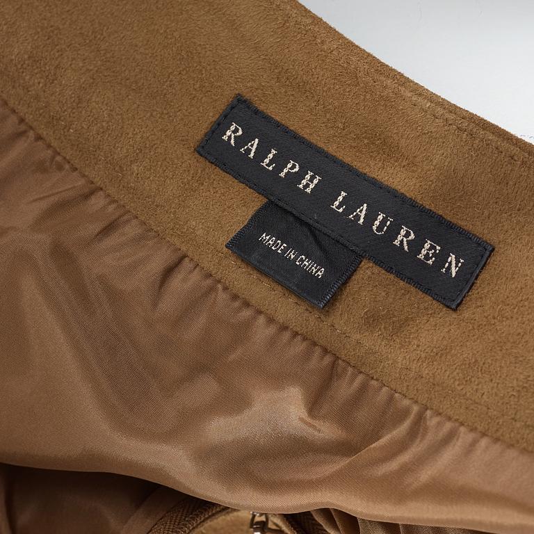 A beige suede skirt by Ralph Lauren.