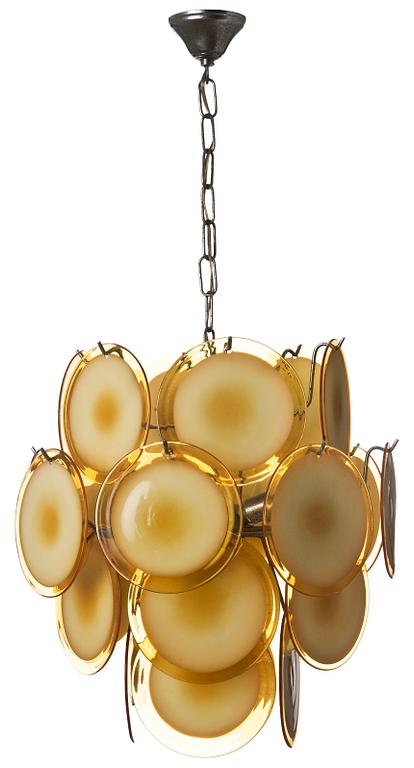 A chandelier attributed to Gino Vistosi, Murano, probably 1960's, amber tinted glass discs.