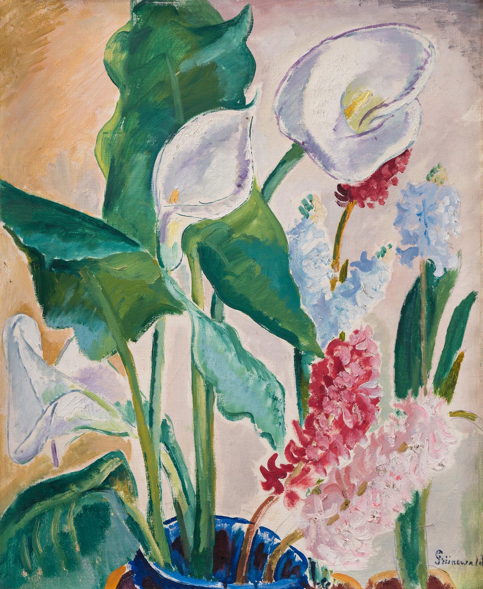 Isaac Grünewald, Blomsterstilleben med kallor och hyacinter.