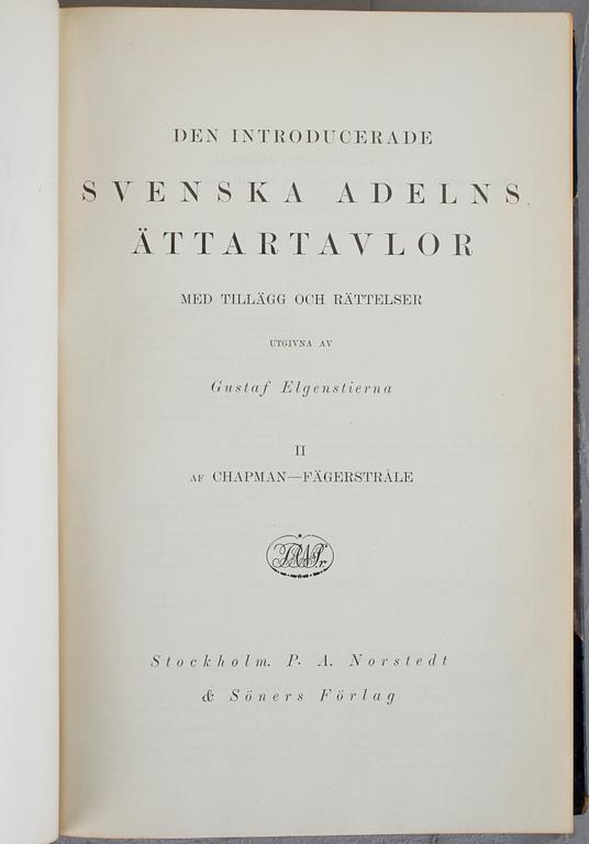 GUSTAF ELGENSTIERNA, 8 vol, Den introducerade Svenska adelns ättartavlor, vol I-VI resp VIII-IX, Stockholm 1925-36.