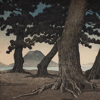 A Japanese woodblock print by Kawase Hasui titled "Pine Trees at Toyama, 20th Century.