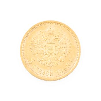 Gold coin, Nicholas II, Russia, 5 Rubles, 1899.