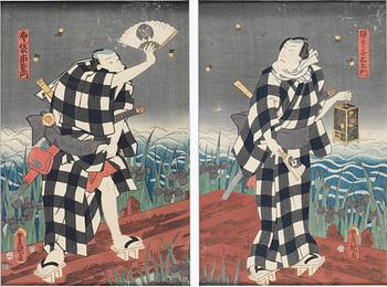 1282. Utagawa Kunisada Kochoro Toyokuni III, Män som fångar eldflugor. (Diptyk).