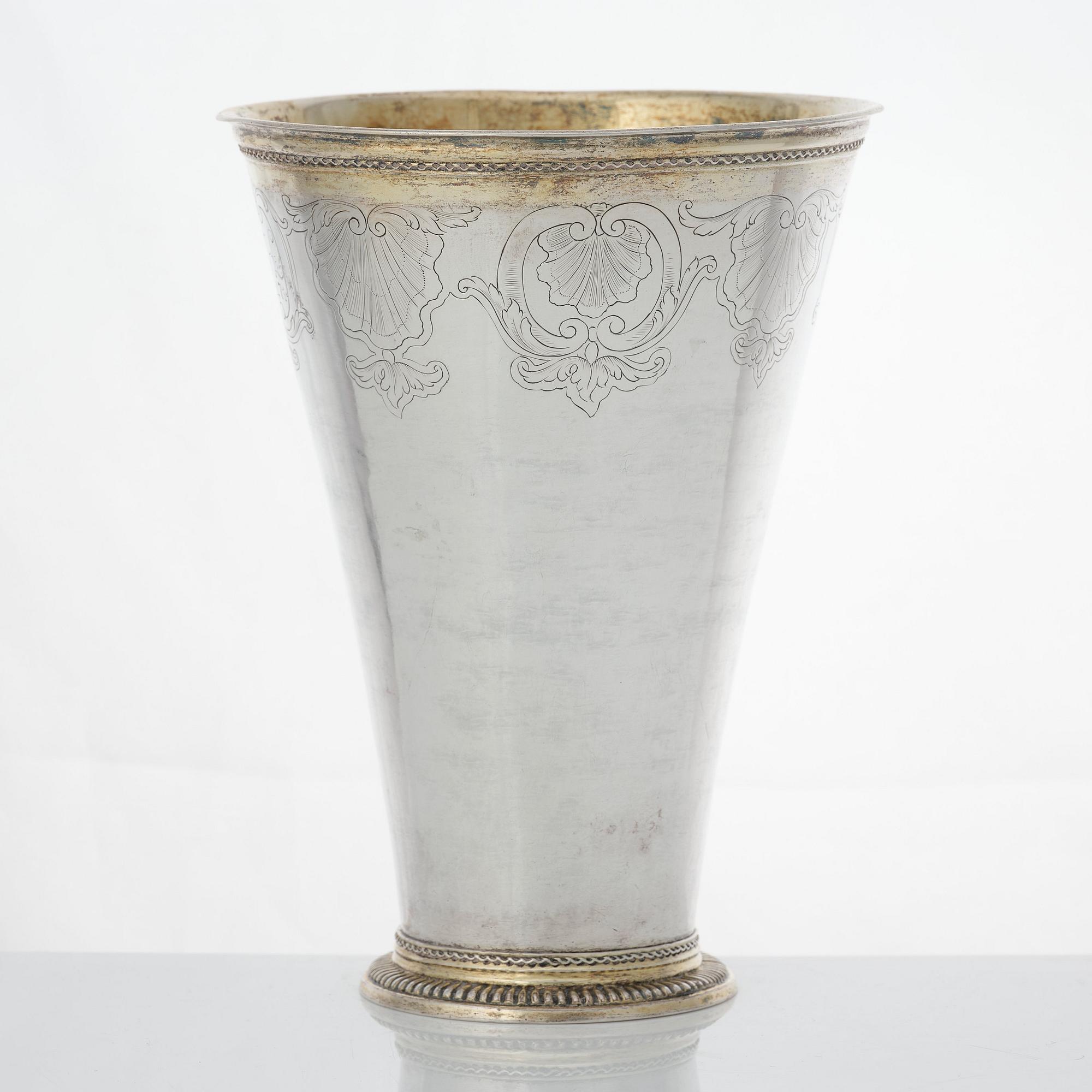 A Swedish 18th century prcel-gilt silver beaker, mark of Gustaf Stafhell, Stockholm 1742.